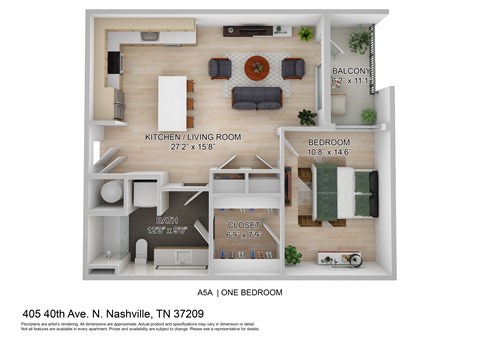 a sq ft apartment with a bedroom and a living room